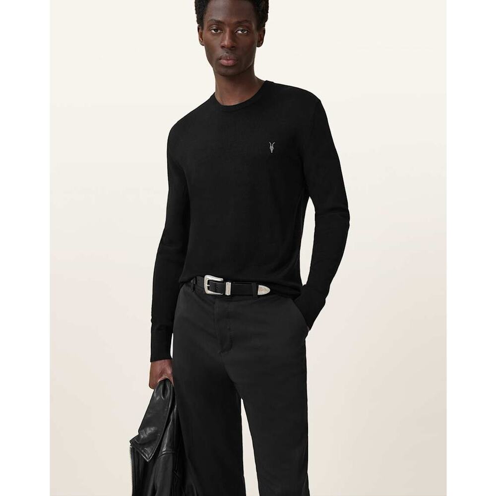 All Saints Men's Mode Merino Wool Black Slim Fit Crewneck Ramskull Sweater XL
